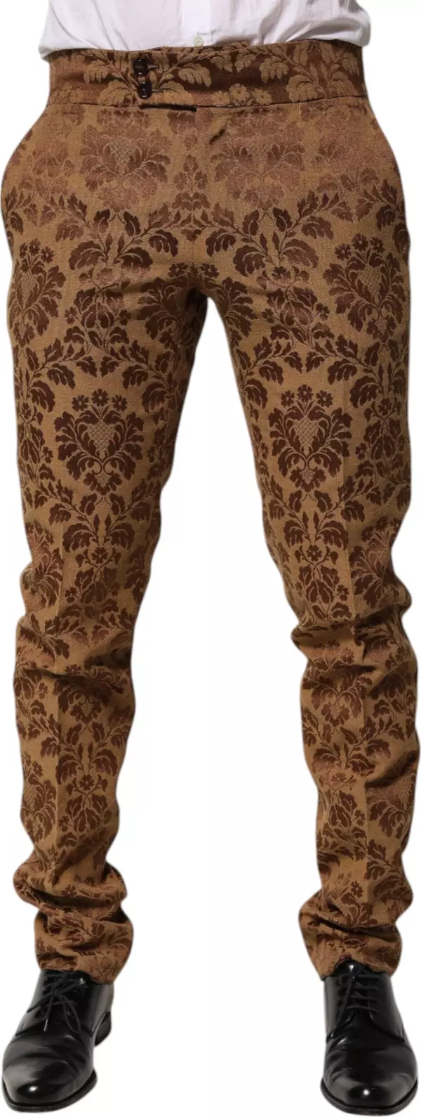 Brown Floral Jacquard Men Skinny Trouser Pants