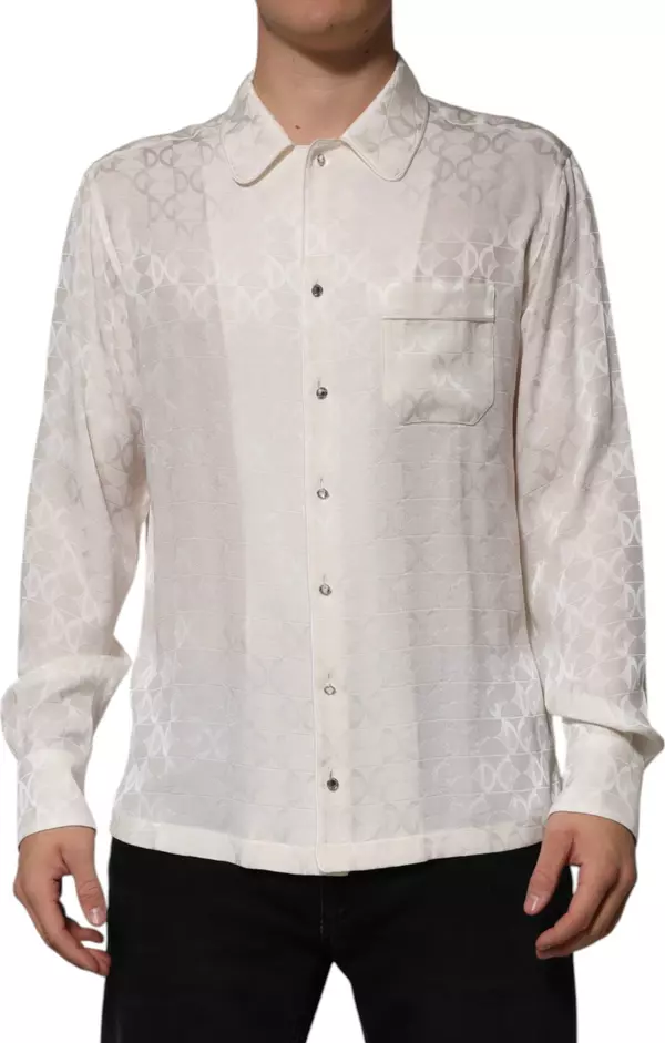 White Silk DG Logo Print Long Sleeves Shirt