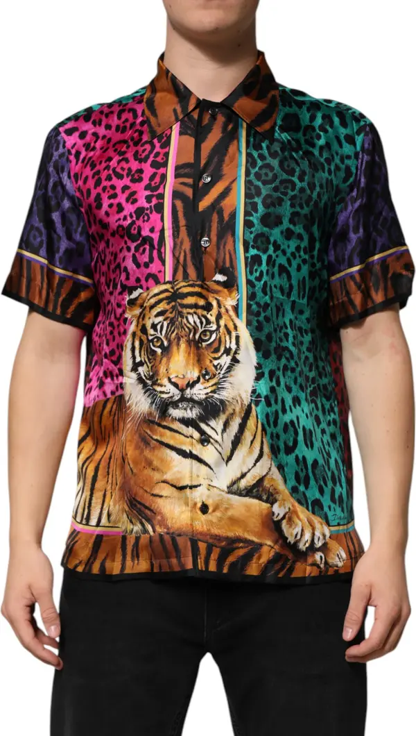 Multicolor Silk Tiger Print Hawaiian T-shirt