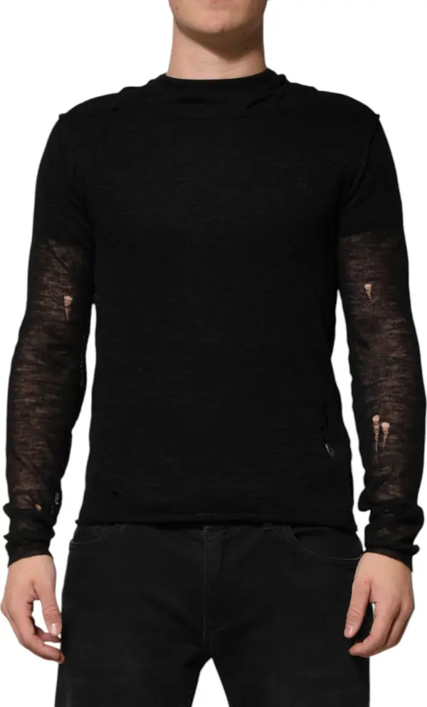Black Linen Mesh Tattered Longsleeves T-shirt