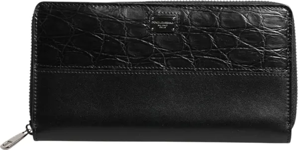 Black Leather DG Plaque Zip Around Continental Wallet