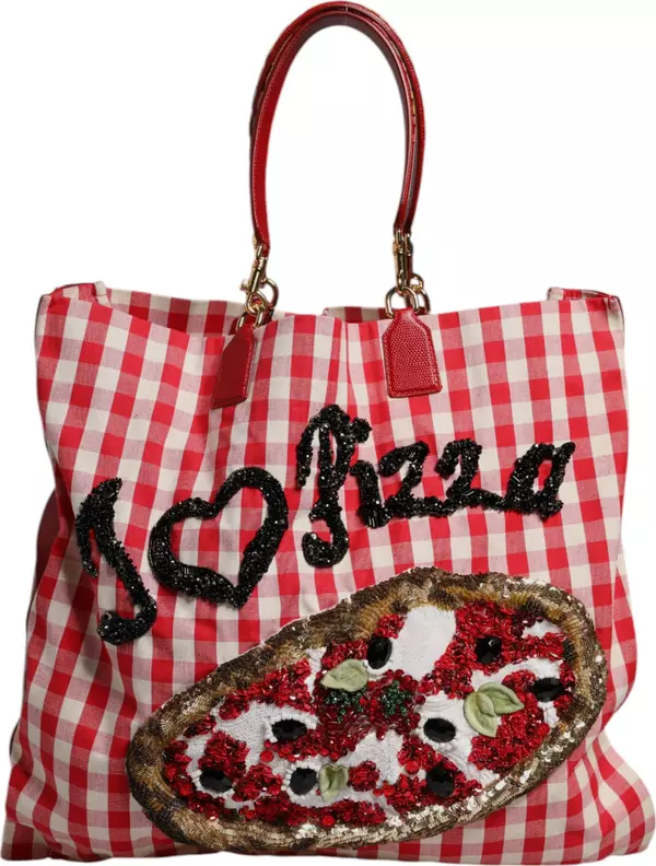 Red I Love Pizza Rhinestone Embellished Tote Bag
