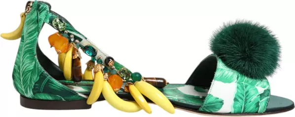 Green Mink Fur Satin Banana Leaf Sandals Shoes