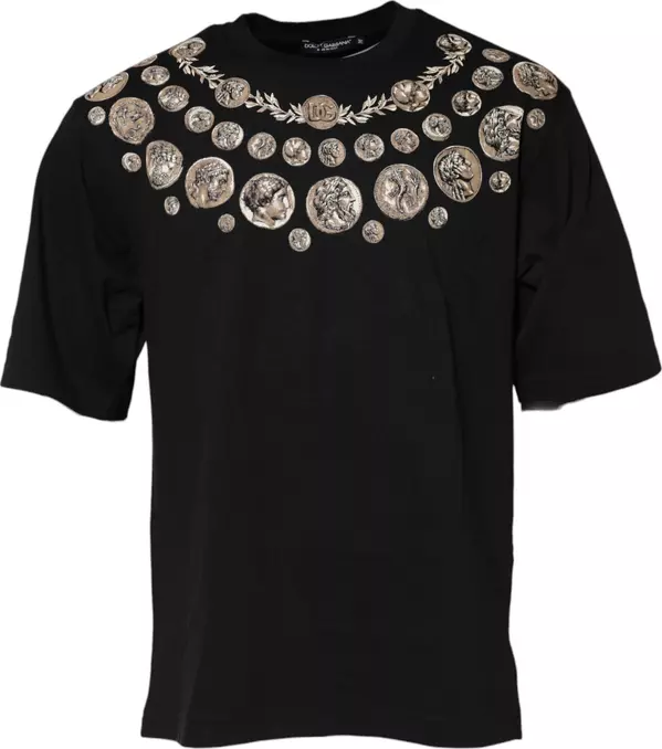 Black Coin Print Cotton Crew Neck T-shirt