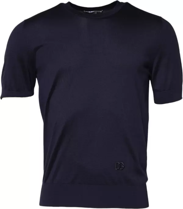 Dark Blue Silk Crew Neck Short Sleeves T-shirt