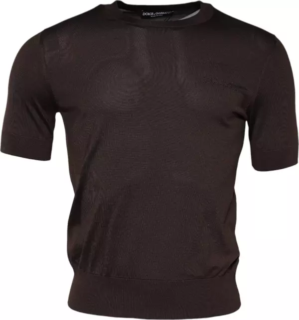 Brown Silk Crew Neck Short Sleeves T-shirt