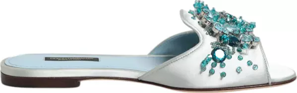 Silver Blue Leather Bead Embellish Slide Shoes