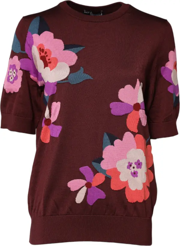 Maroon Floral Silk Crew Neck Blouse Top