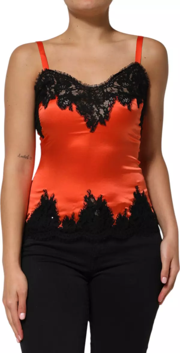 Red Black Lace Trim Silk Sleeveless Tank Top