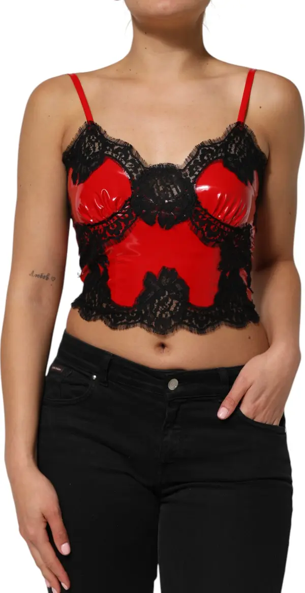Red Black Lace Trim Polyester Sleeveless Tank Top