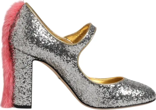 Silver Glitter Mink Fur VALLY Pump Shoes
