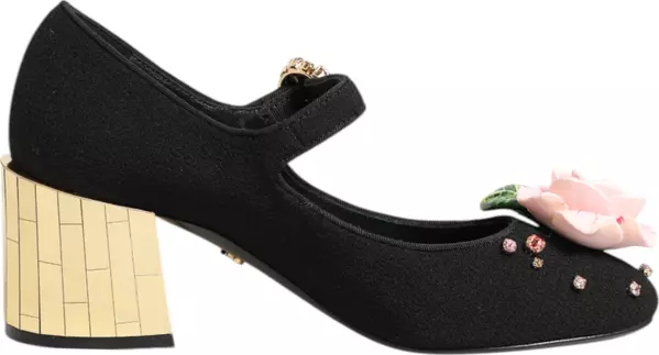 Black Flower Crystal Embellished Mary Jane Shoes