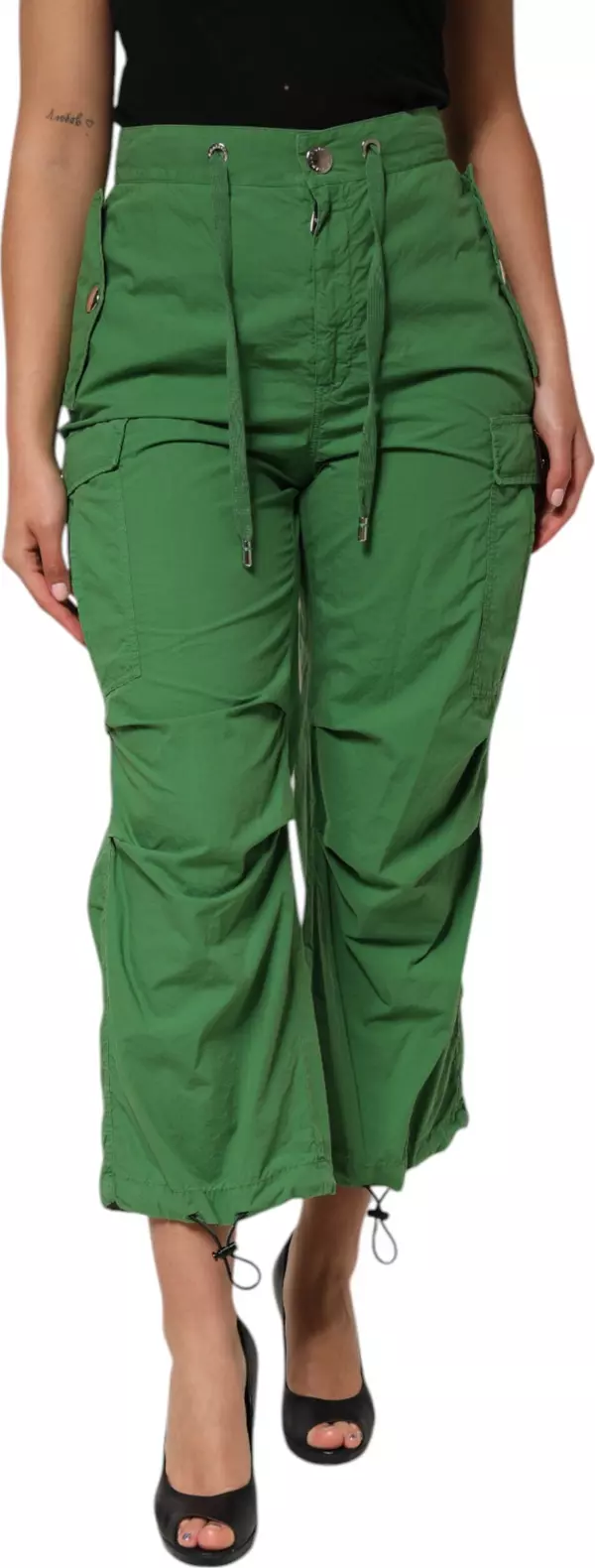 Green Cotton High Waist Cargo Trouser Pants