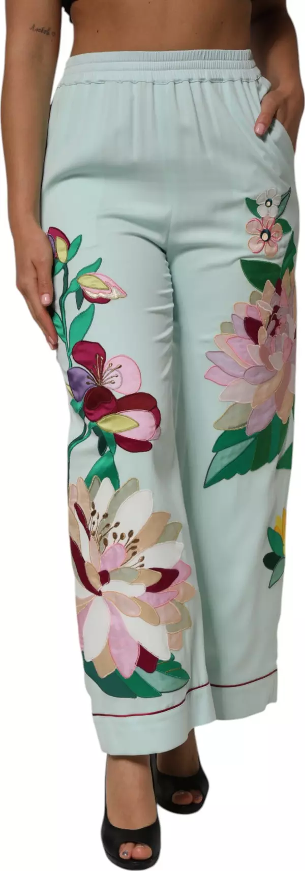 Green Floral Garterized Straight Pajama Pants