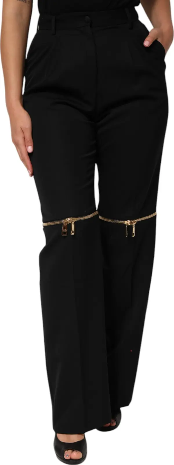 Black Zip Detailed Wool Straight Leg Pants