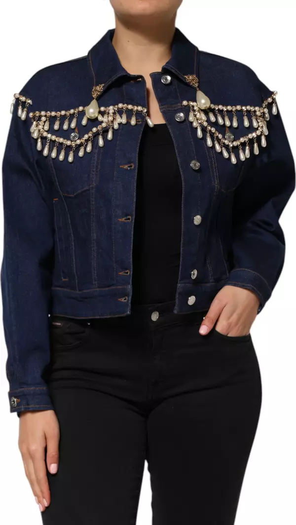 Blue Cotton Denim Crystal Embellished Jacket