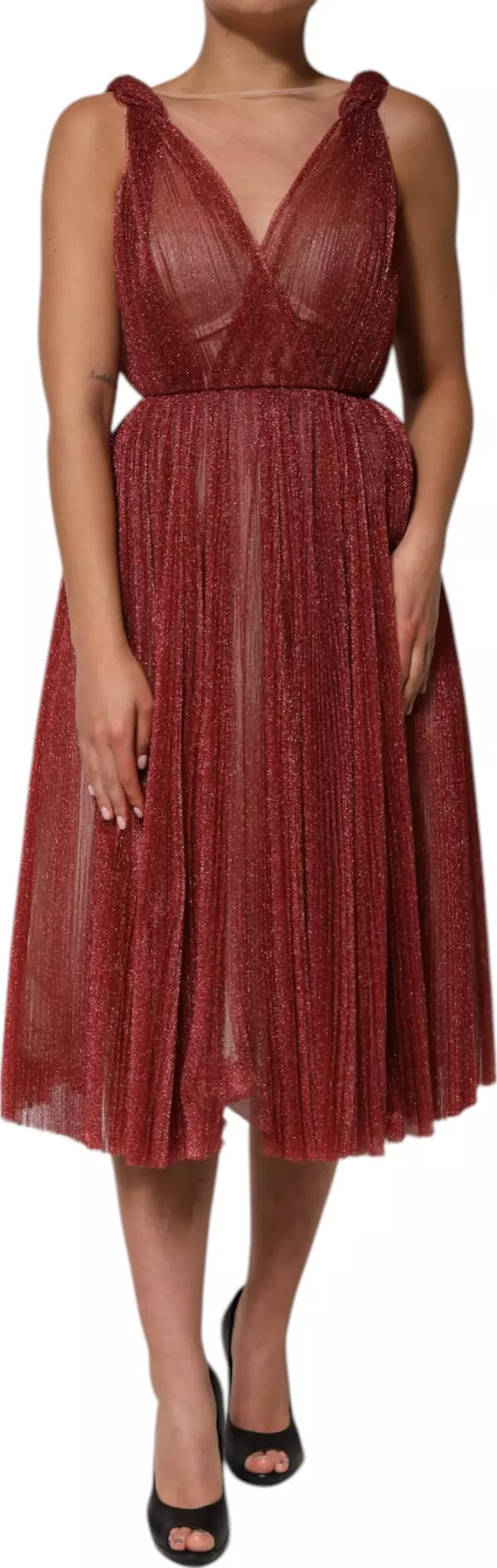 Burgundy Mesh Sleeveless Midi A-line Dress