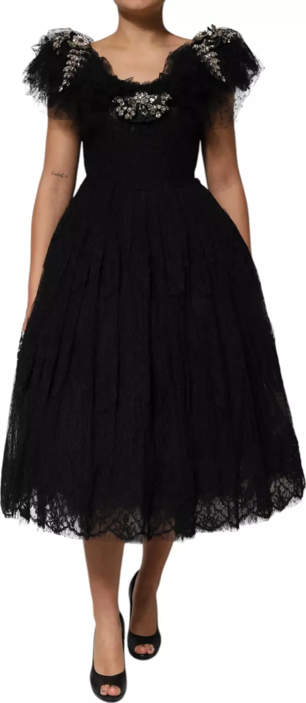 Black Crystal Embellished Midi A-line Dress