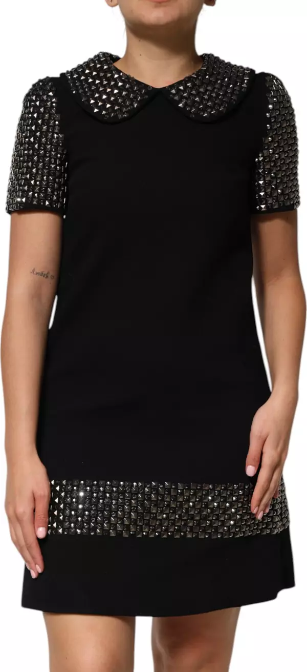 Black Crystal Embellished Collared Mini Dress