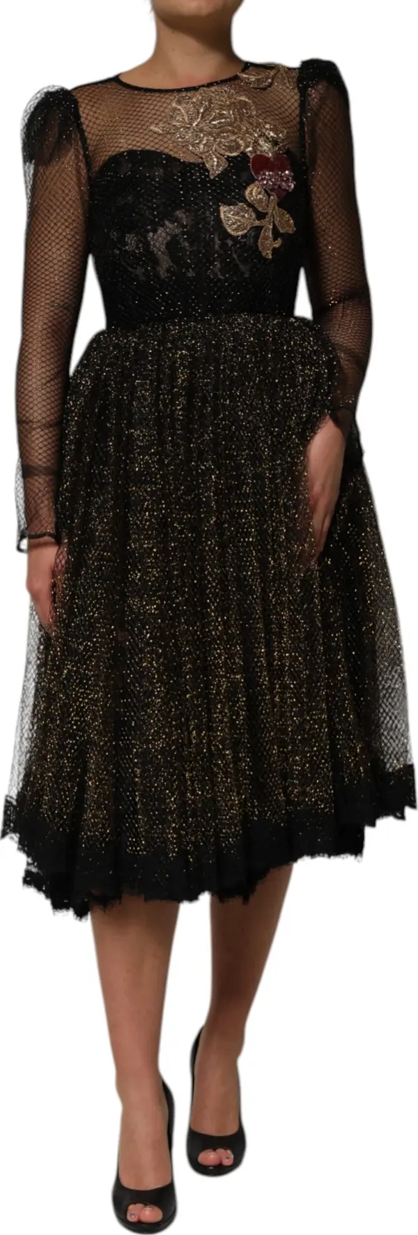 Black Crystal Heart Embellished A-line Dress
