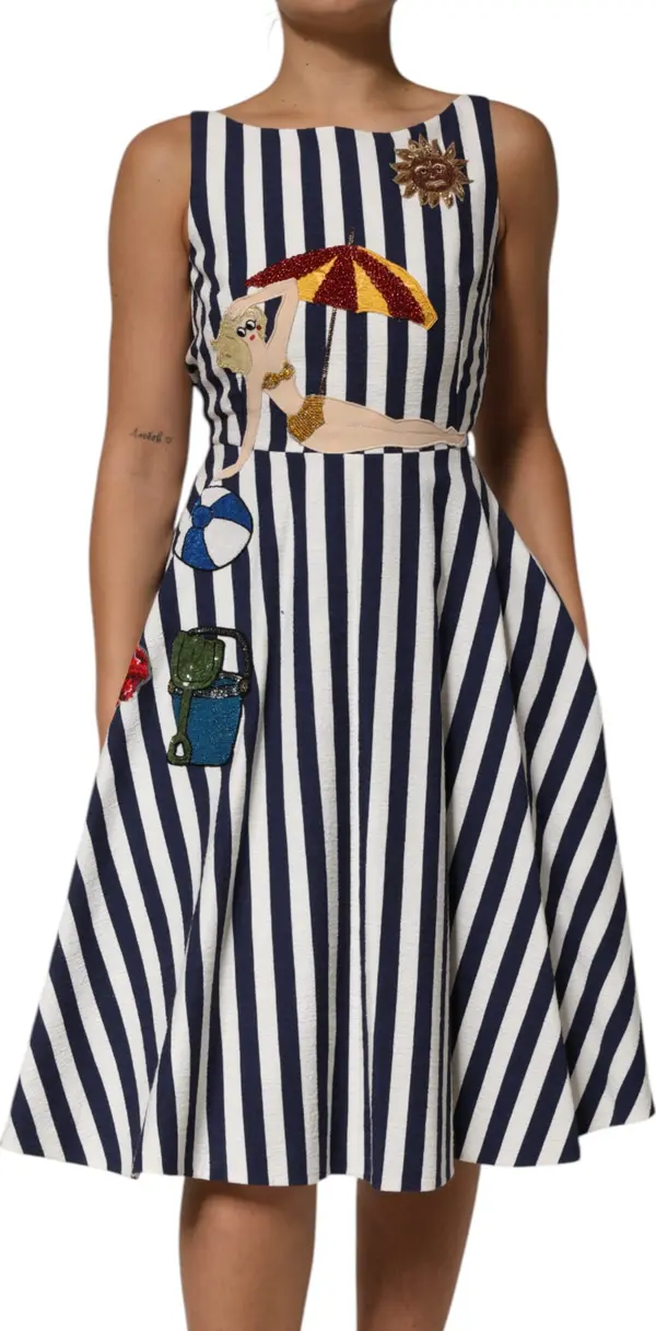 Blue White Striped Embroidered A-line Dress