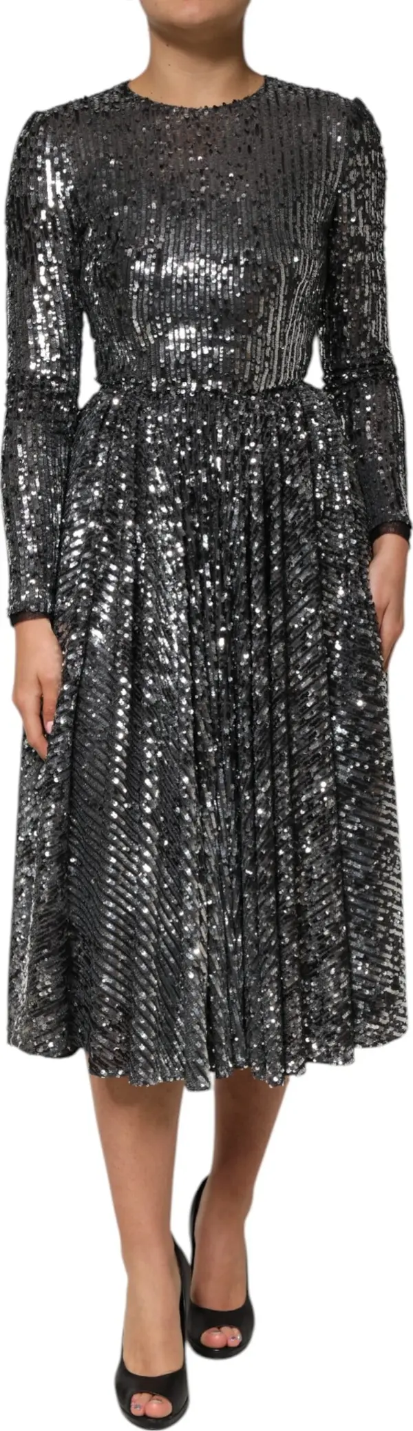 Black Sequined Long Sleeves Midi A-line Dress