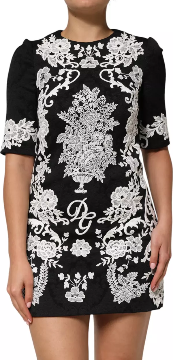Black Lace Trim Short Sleeves A-line Dress