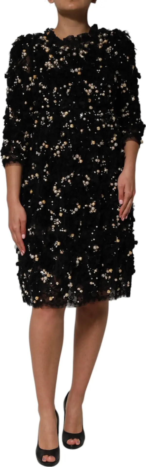 Black Viscose Pearl Embellishment Shift Dress