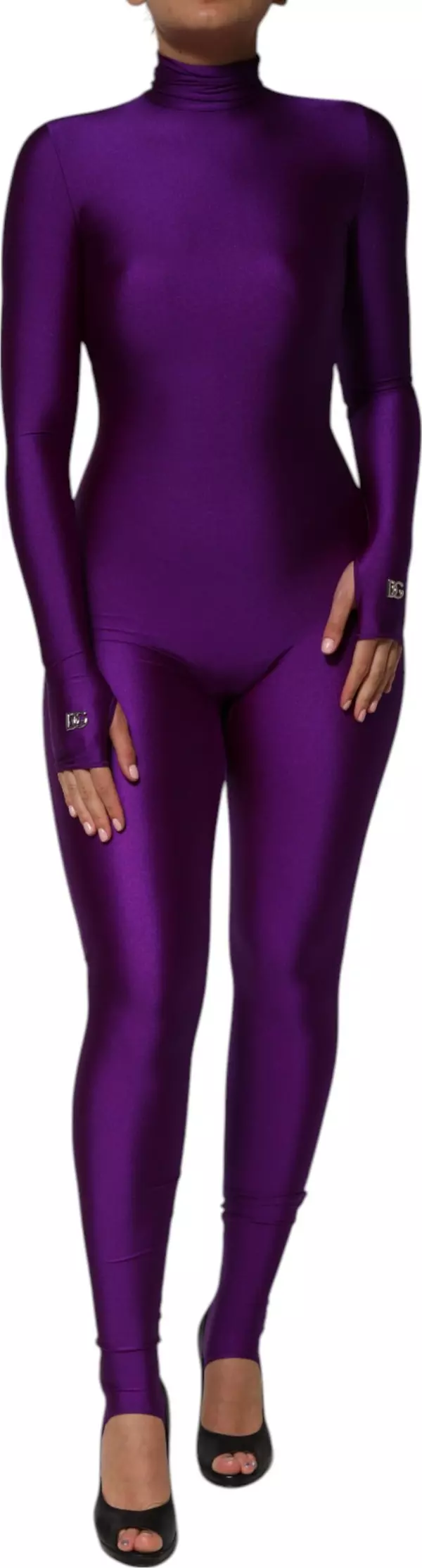 Purple Nylon Turtleneck Bodycon Jumpsuit Dress