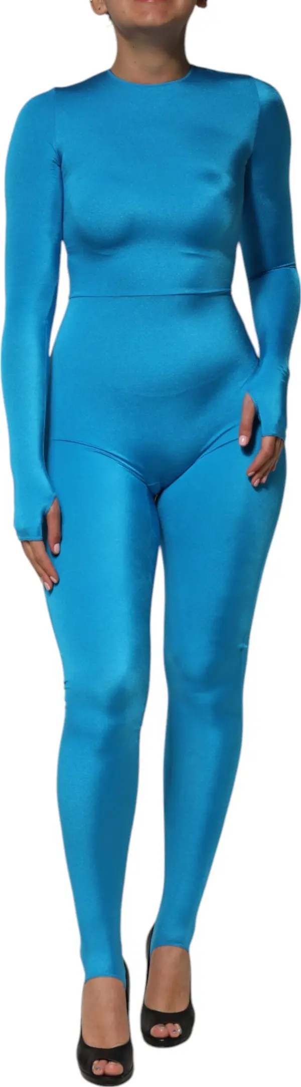 Blue Nylon Crew Neck Bodycon Jumpsuit Dress