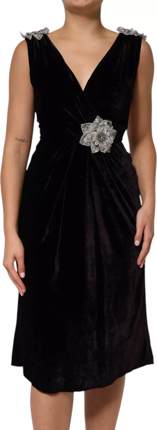 Black Velvet Flower Embellishment Aline Dress