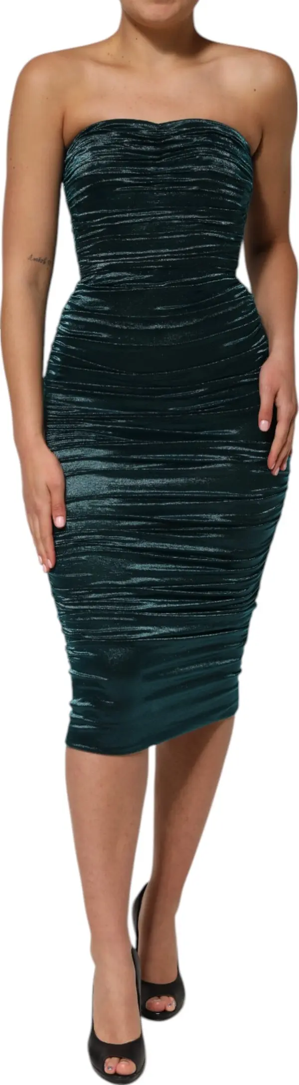 Green Silk Satin Fitted Strapless Dress