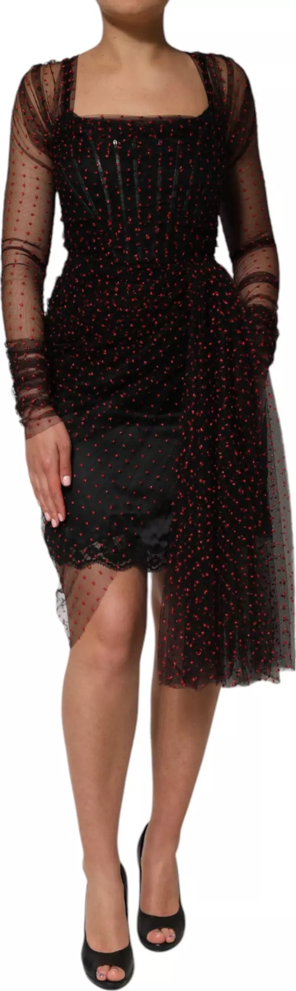 Black Lace Trim Long Sleeve Sheath Mini Dress