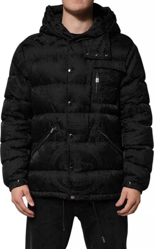 Black Jacquard Quilted Puffer Hooded Jacket