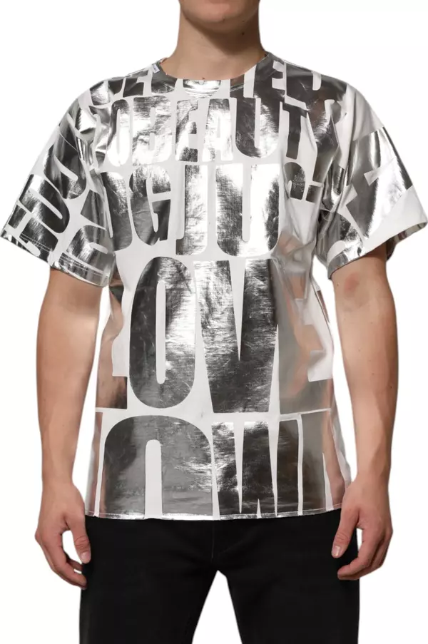 White Metallic Print Cotton CrewNeck T-shirt