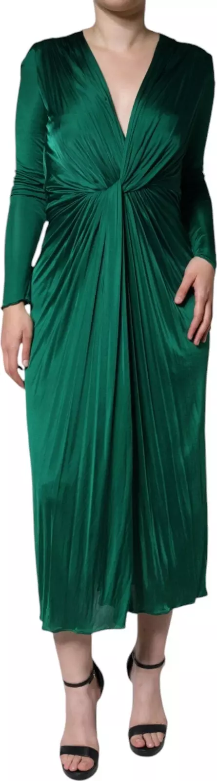 Dark Green Viscose Long Sleeve Midi Dress