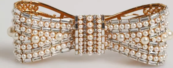 Gold Tone Brass Bow Crystal Faux Pearl Embellished Brooch