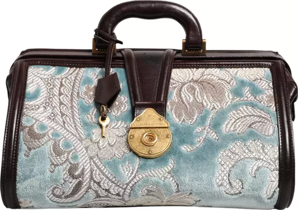 Blue Brown Leather Floral Jacquard Travel Handbag Bag