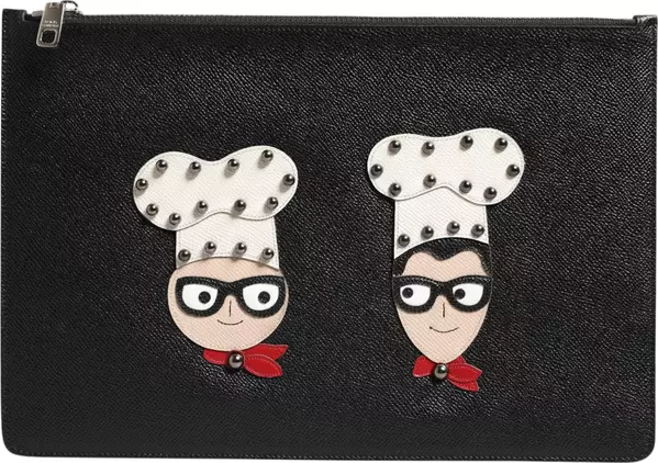 Black Leather #DGFAMILY Embellished Men Clutch Pouch Bag