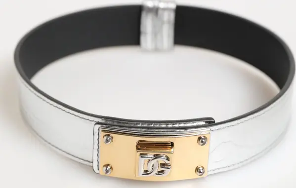 Silver Textured Leather Gold Tone Metal Neckband