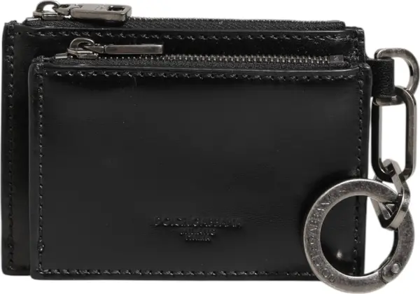 Black Leather Zipped Card Holder Coin Purse Keyring Wallet