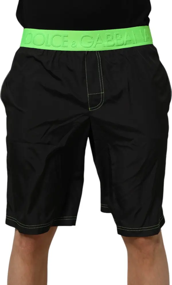 Black Green Logo Waistband Beachwear Short Swimwear