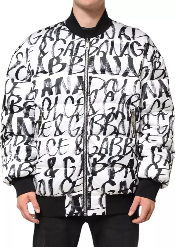 White Black Graffiti Logo Puffer Bomber Jacket