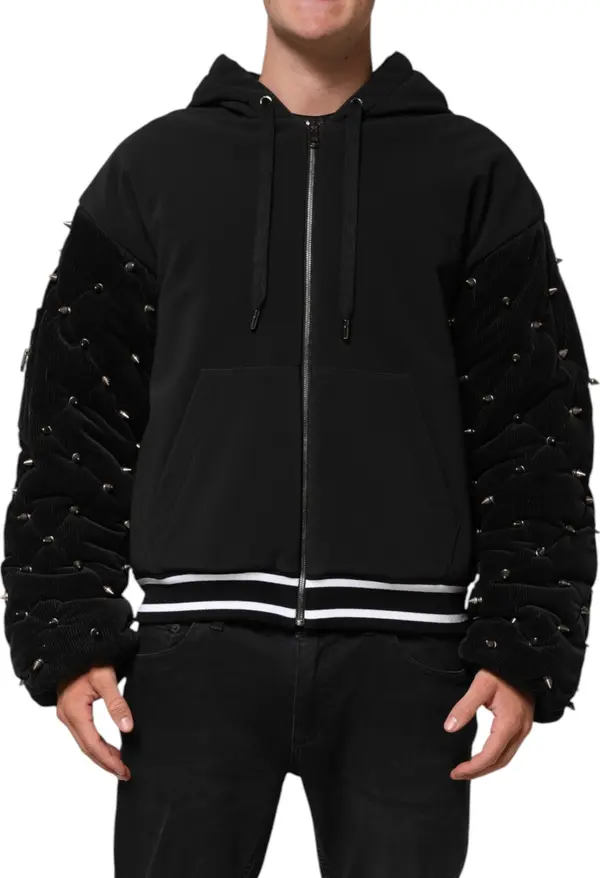 Black Cotton Quilted Studded Sleeve Hoodie Jacket
