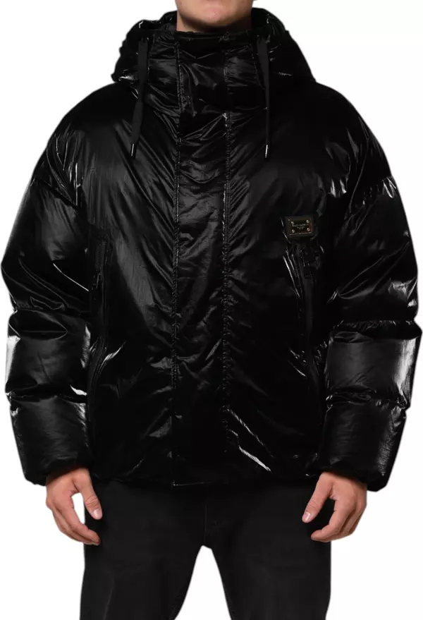 Black Logo Full Zip Hooded Quilted Jacket
