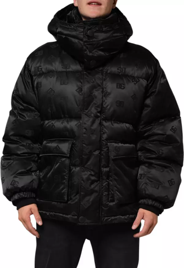 Black Monogram Logo Puffer Nylon Hooded Jacket