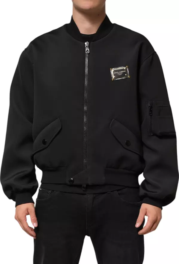 Black Polyester Logo Plaque Bomber Jacket