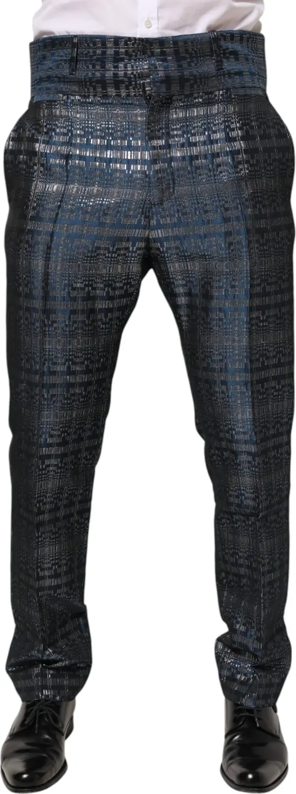 Blue Silver Shiny Silk Skinny Men Trouser Pants