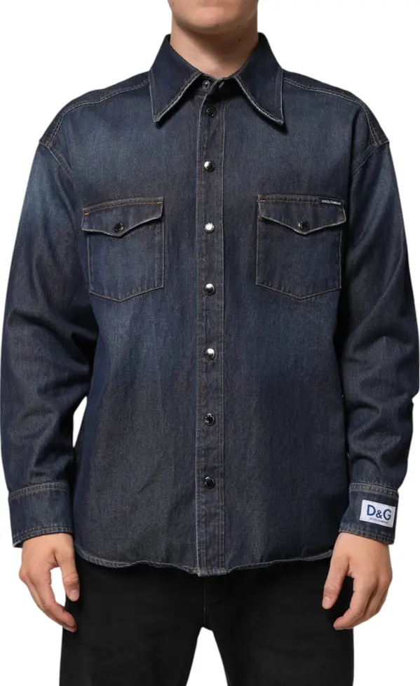 Blue Denim Button Casual Logo Patch Men Shirt