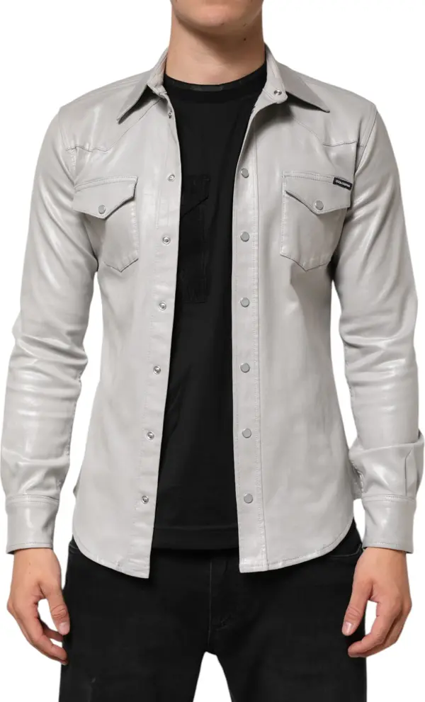 Metallic Gray Cotton Button Down Men Shirt